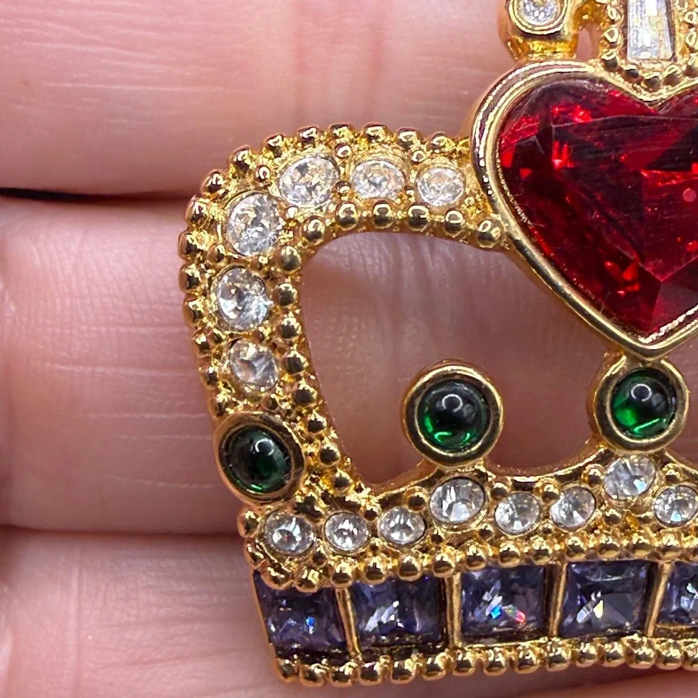 Vintage Swarovski Crown Brooch Gold Tone Heart Green Purple